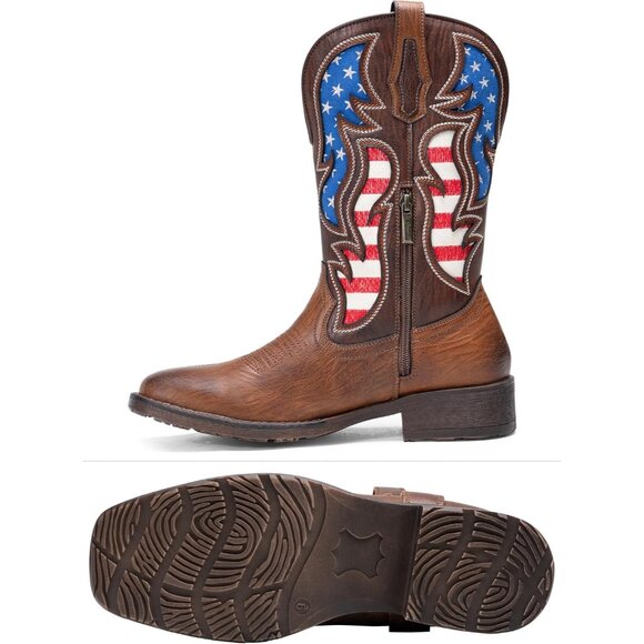 Men\'s Brown 1 Western Boot Side Zipper American Flag Retro Square Toe Mid-Calf